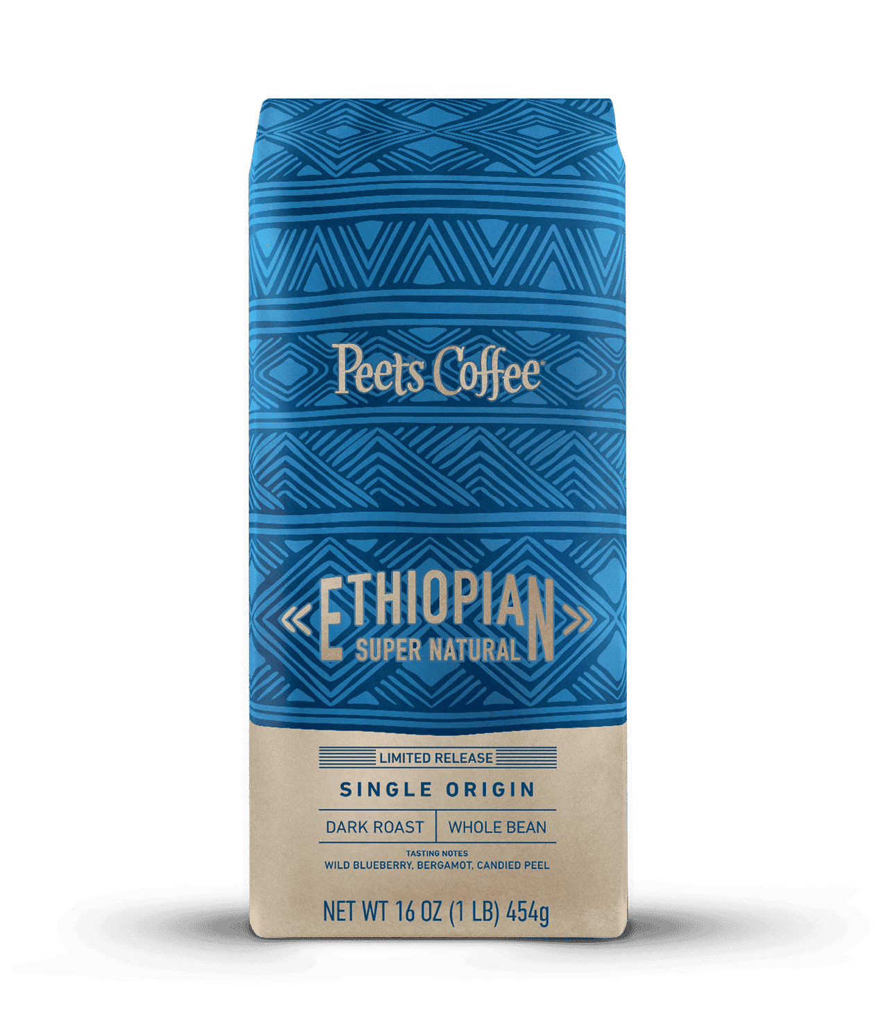 Peet's Coffee Ethiopian Super Natural Dark Roast Coffee beans in a blue and tan 16 ounce bag
